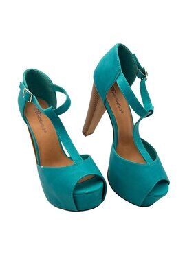 Breckelles Brina 21 Turquoise Platform Peep Toe Heels Womens Size 9 Buckle Strap